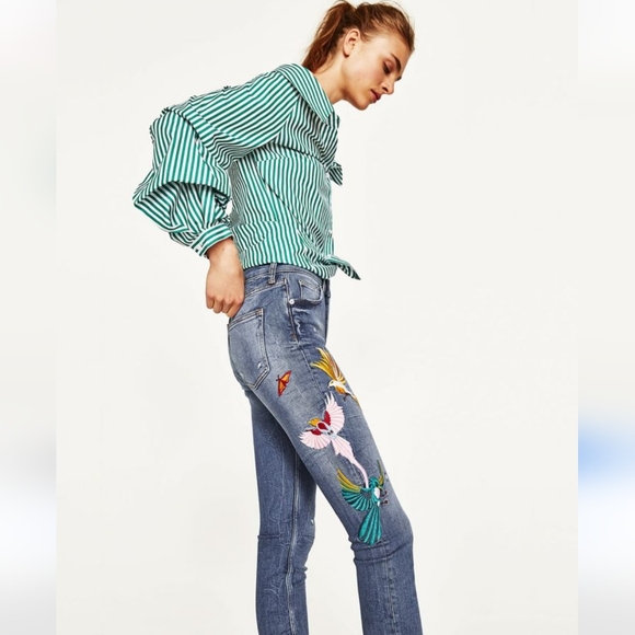 Zara Birds Embroidered Denim Jeans US 6 EU 38 Butterfly 🦋 NWT - Picture 2 of 6